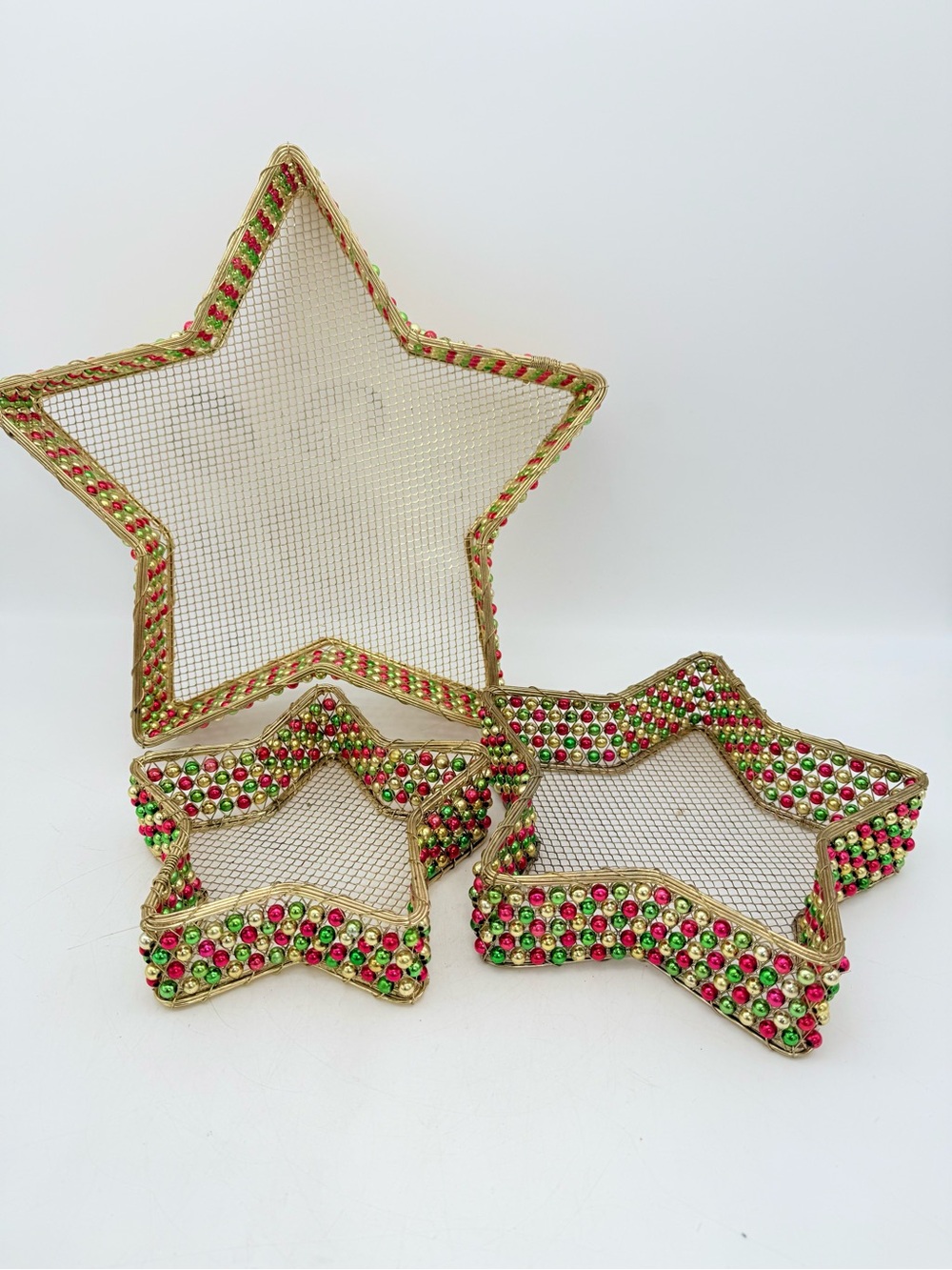 Gold Star Mesh Decorative Trays with Red and Green Accents